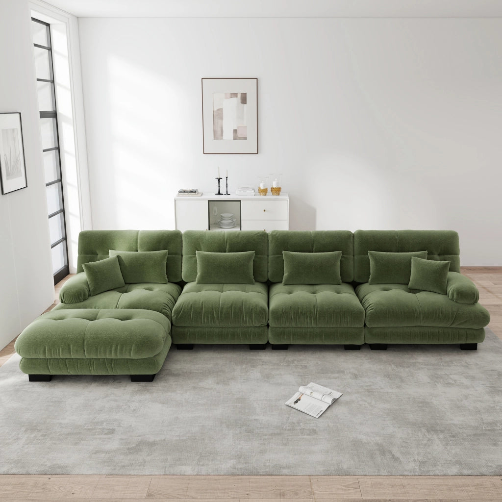 Divano angolare modulare 4 posti con pouf mobile e cuscini in ciniglia verde per soggiorno 406 × 145 × 81 cm