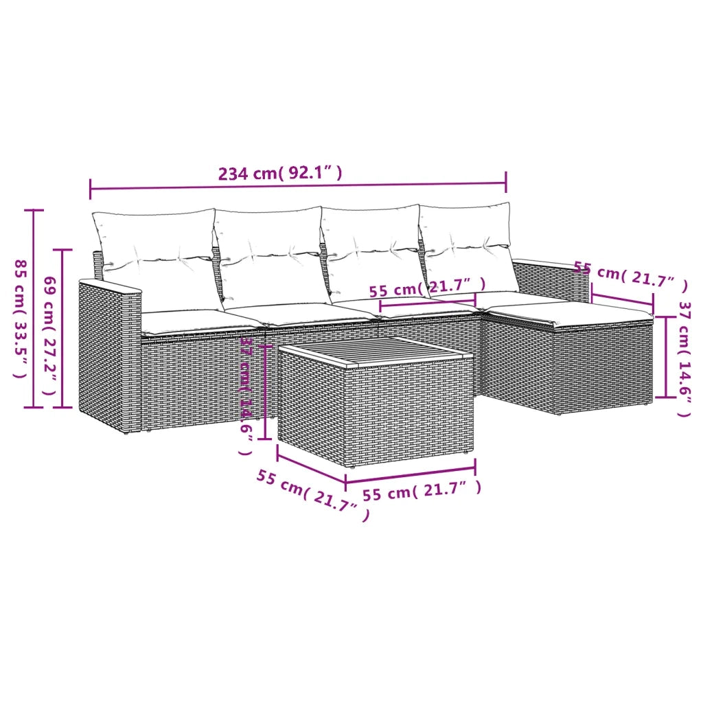 Set Divano da Giardino 6 pz con Cuscini Beige Misto Polyrattan
