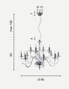 LAMPADARIO BACH 12 LUCI CRISTALLO E FINITURA ORO ATTACCO E14