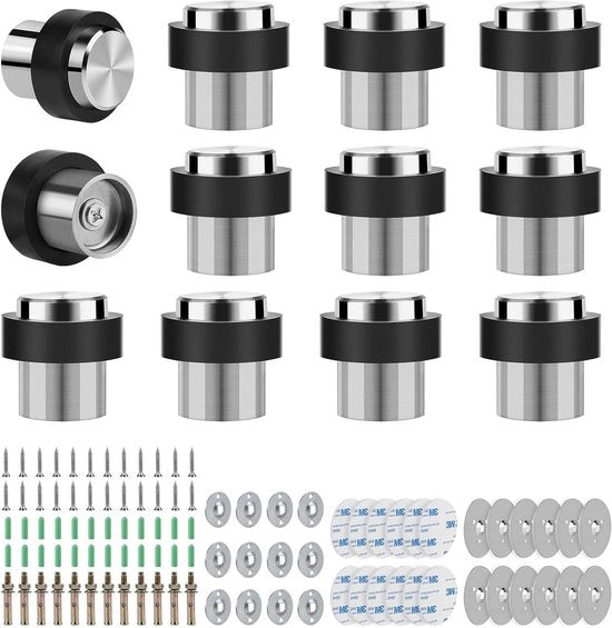 Set di fermi porta da 12 pezzi - RVS con adesivo 3M autoadesivo e viti - diametro 32 mm - altezza 45 mm - installazione semplice - fermi porta per parete.