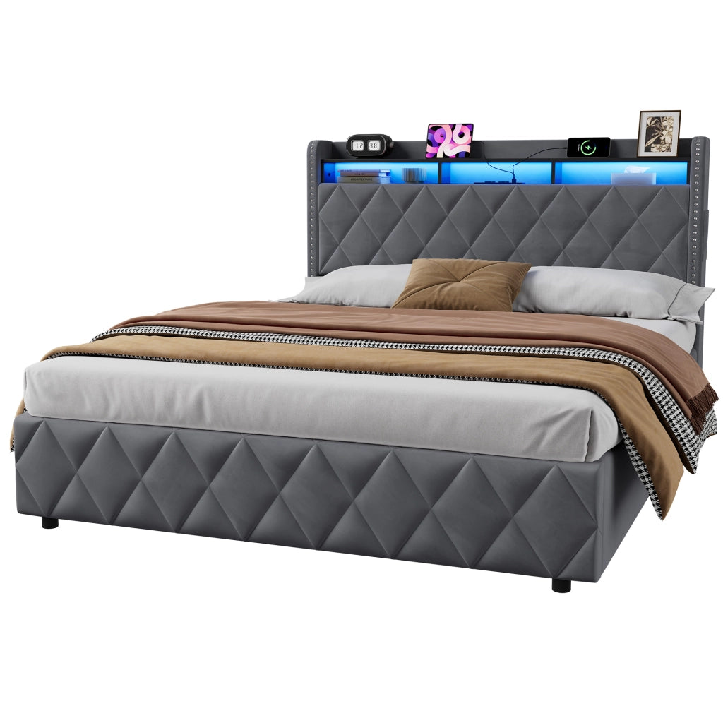 Letto matrimoniale imbottito contenitore grigio scuro 160x200 cm con LED e dock USB