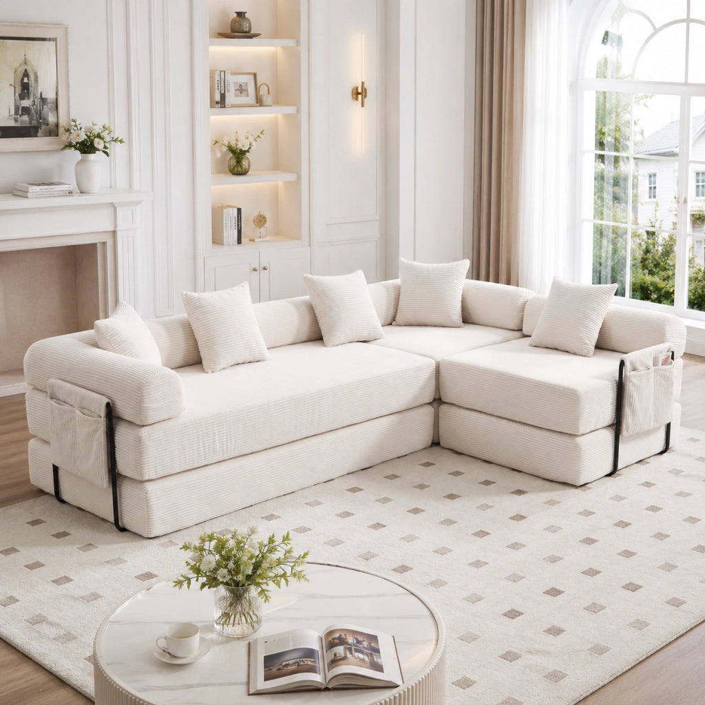 Divano modulare in velluto corduroy beige con tasca laterale, funzione letto e imballo sottovuoto