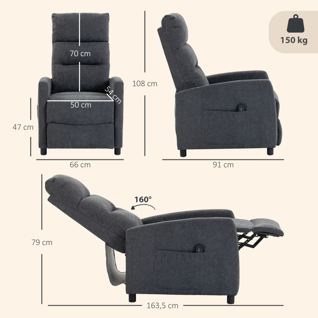 Poltrona Massaggiante  66x91x108 cm Reclinabile a 160° con Poggiapiedi e Telecomando in Ciniglia Grigio Scuro