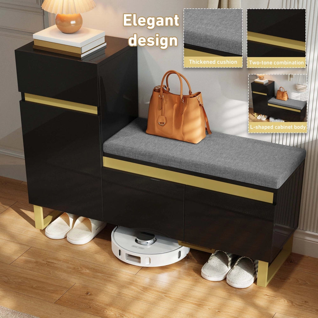 Mobile Porta Scarpe con 2 Ante e 1 Cassetto; Panca Porta Scarpe con Cuscino; Finitura Lucida; in MDF; Nero; 120×35×85 cm