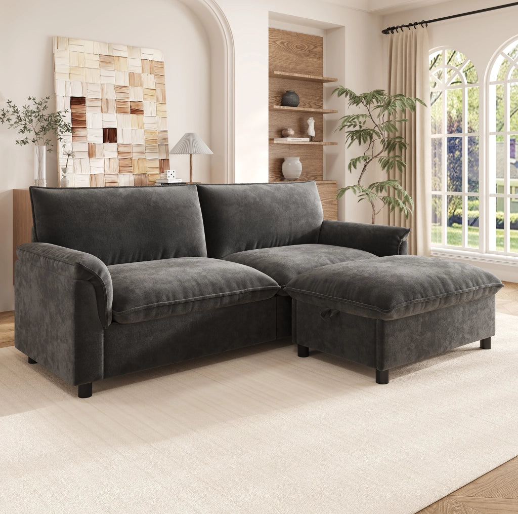 Divano cloud modulare con pouf contenitore; 216 cm; in chenille grigio