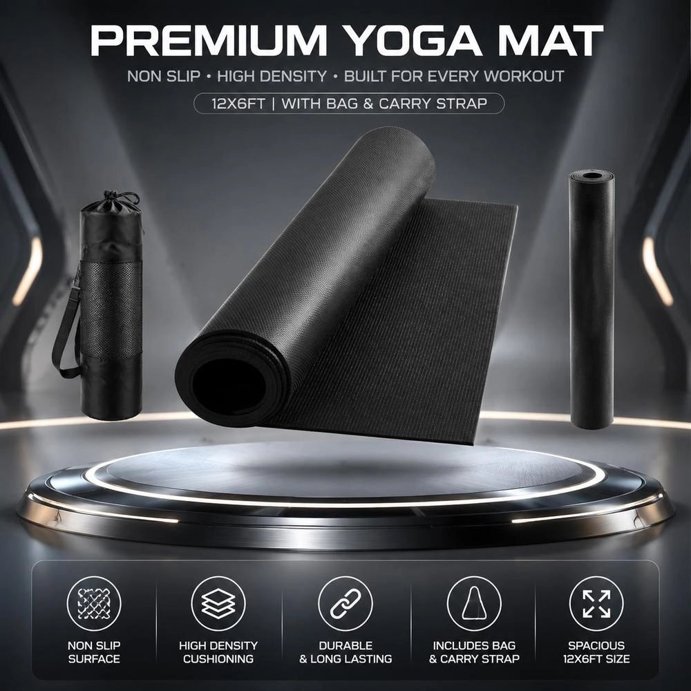 Large PVC Yoga Mat 12x6 Ft High Density Exercise Floor Mat With Carry Bag And Strap For Home Pilates Workout Unisex