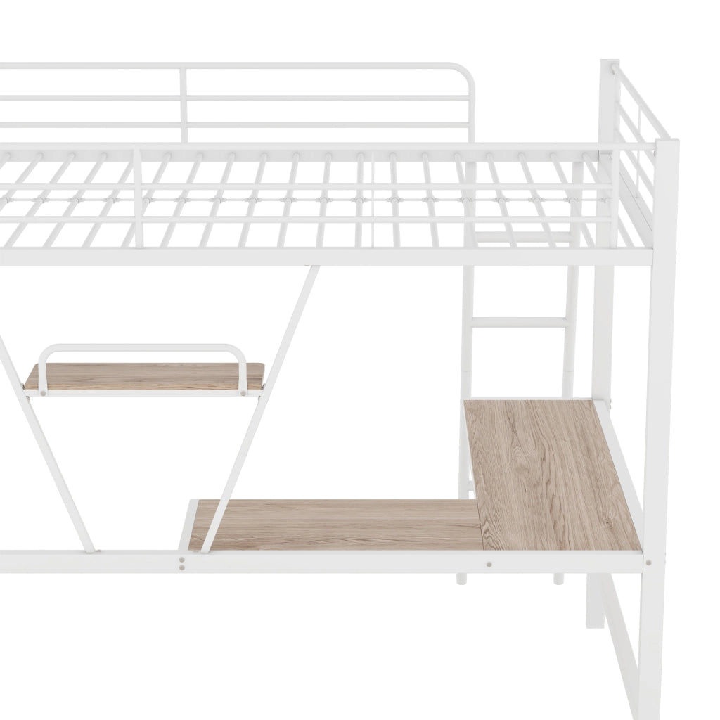 Letto a Soppalco Singolo con Scrivania a L e Scaffale; 90×200 cm; senza Materasso; Metallo; Bianco