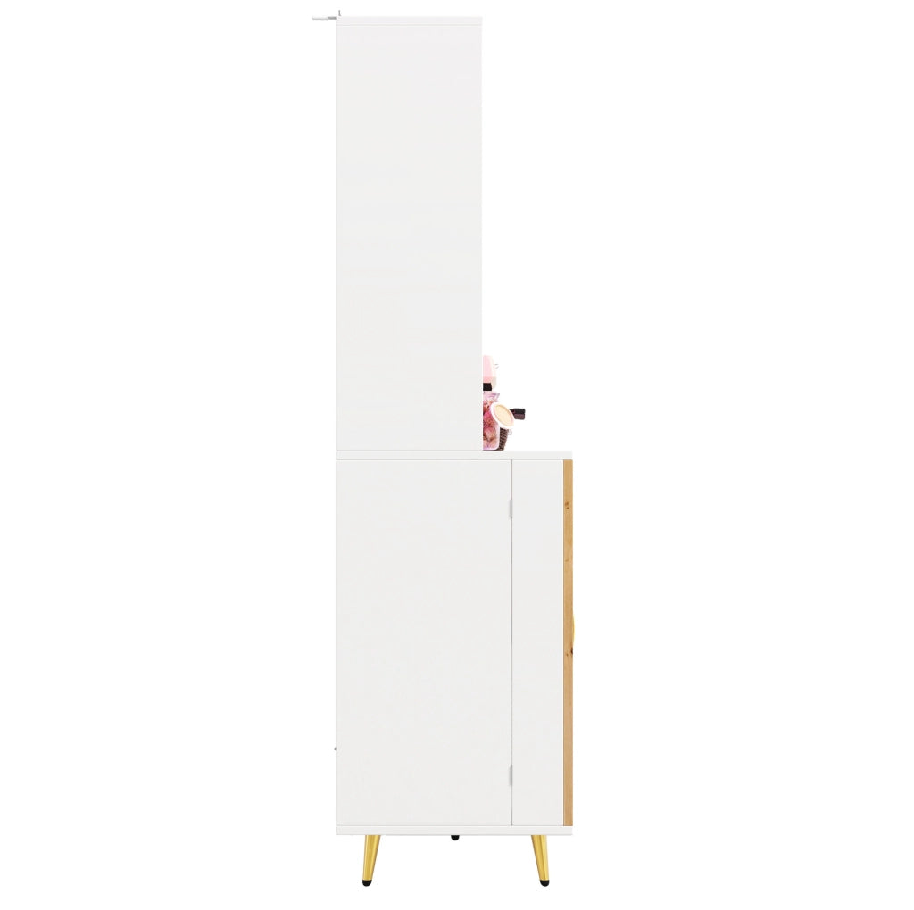 Credenza con illuminazione LED; portabottiglie e presa integrata in MDF bianco e naturale