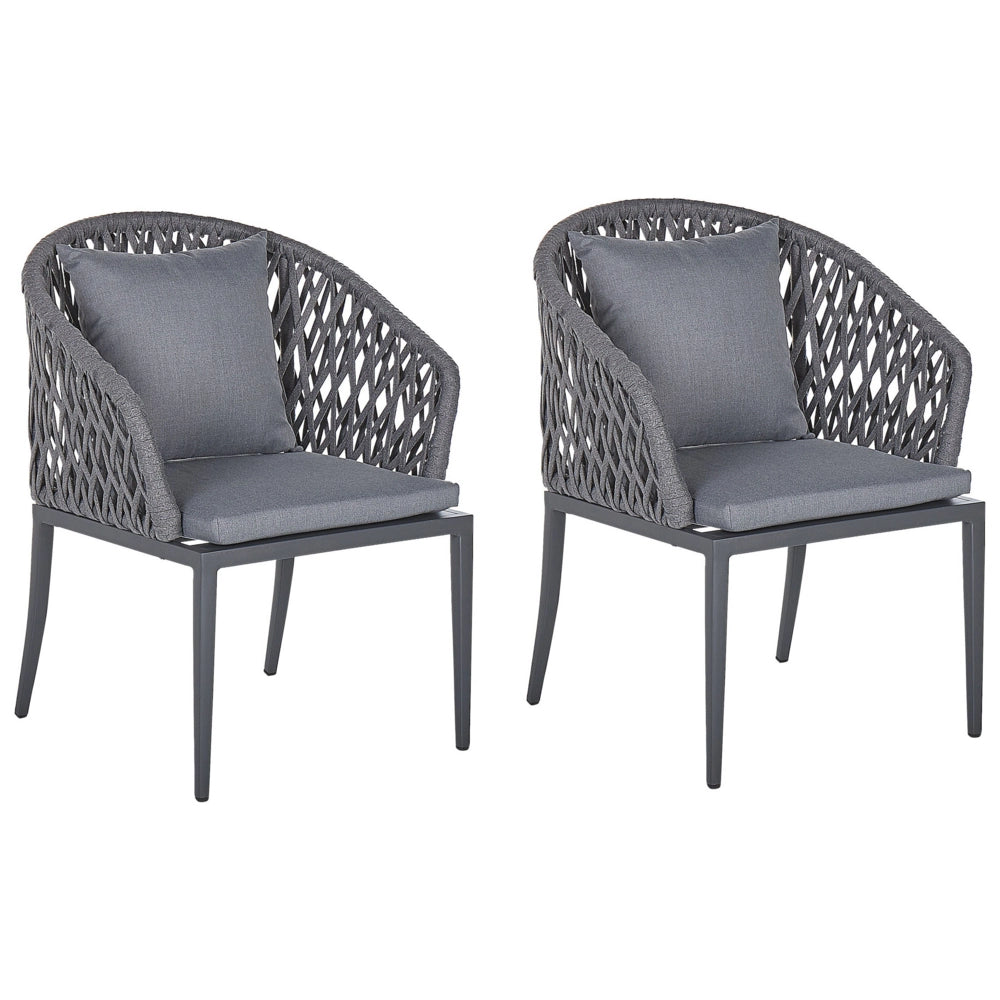 Set di 2 Sedie da Pranzo da Giardino Struttura in Metallo Grigio con Cuscini Intreccio di Corda Design Moderno