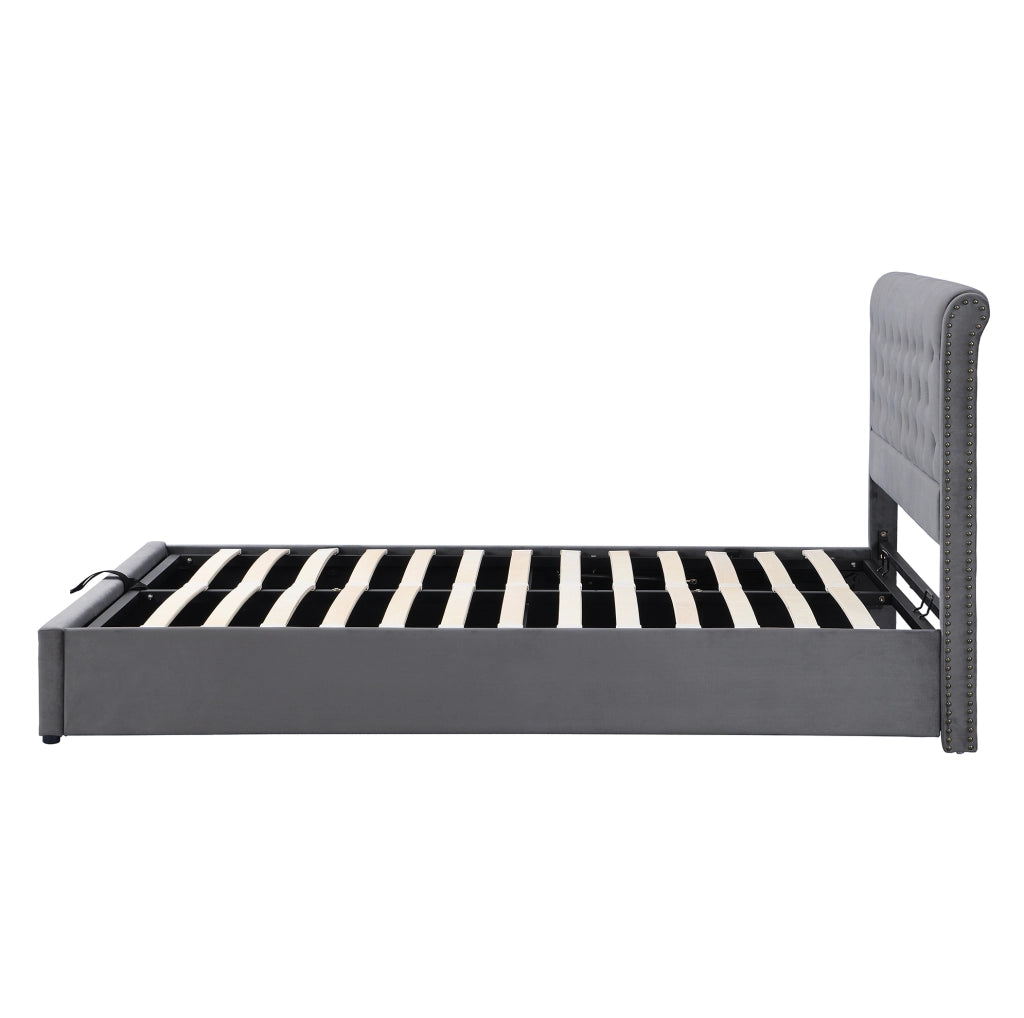 Letto imbottito 140x200 cm con contenitore; rete a doghe e panca contenitore in velluto grigio