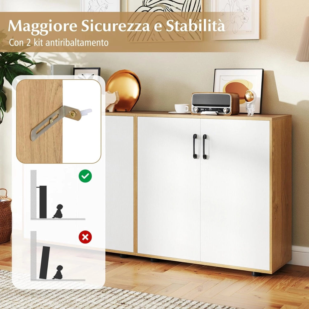 Credenza Bassa per Soggiorno con 2 Ante e Mensola Regolabile su 5 Livelli, Mobile da Cucina Moderno in Legno, Mobiletto Salvaspazio per Salotto e Ingresso, 80 x 31,5 x 82 cm (Naturale)