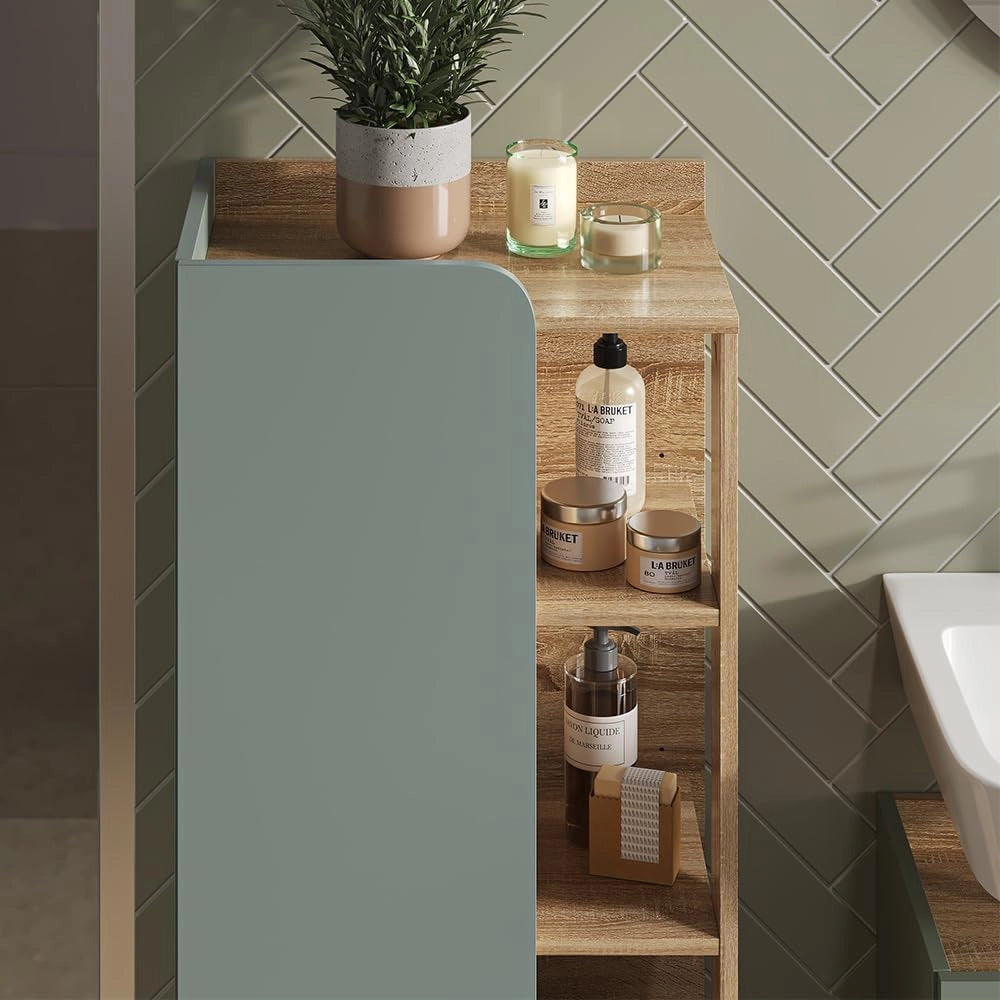 Mobiletto bagno Karen, Sonoma/blu, 50 x 128 cm con porta e vani aperti, per la conservazione di articoli da bagno e asciugamani