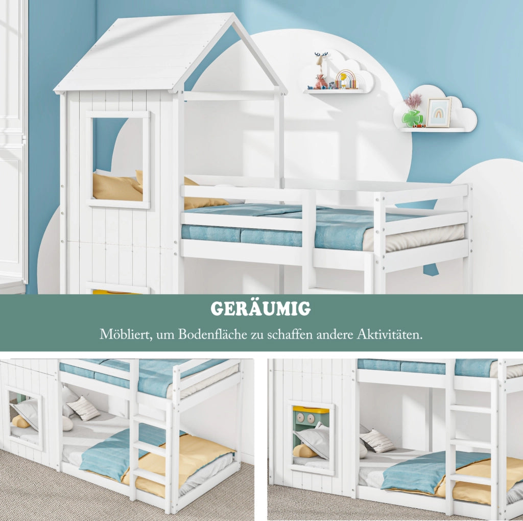 Letto a castello per bambini 90x200 cm in legno di pino bianco con sponde di sicurezza