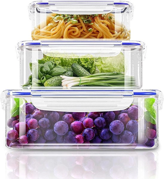 Set di contenitori a tre cassetti con coperchio (3 contenitori, 3 coperchi) per la conservazione degli alimenti, organizzatore per la cucina BPA-free (blu)
