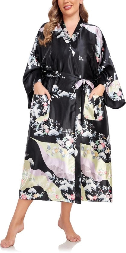 Kimono Badjas Donna Lunga XL Plus Matite Satinata Leggera Kimono Giapponese Yukata Fiori Nero