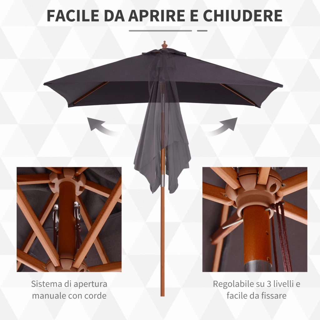 Ombrellone da Giardino 2x1,5 m Palo Ø38 mm in Legno e Poliestere Grigio Scuro