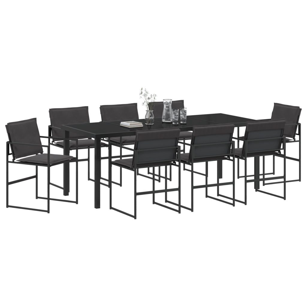 Set da pranzo da giardino in 9 pezzi con cuscini neri in Textilene e acciaio