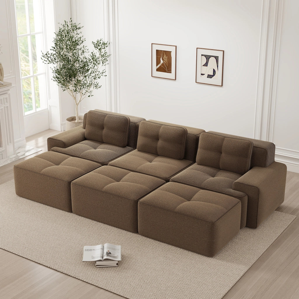 Divano Angolare Modulare con Schlaffunktion ¨C MINIMAL ¨C Tessuto Corduroy Marrone, 3 Posti, 3 Pouf