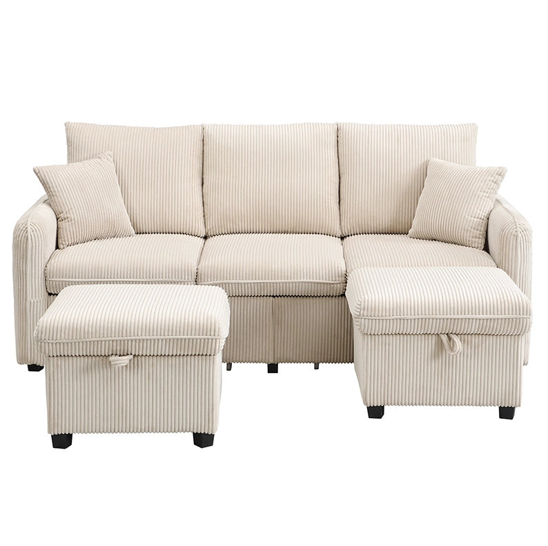 Divano 3 posti modulare con 2 pouf contenitore; tessuto cord beige; 188x186x86 cm