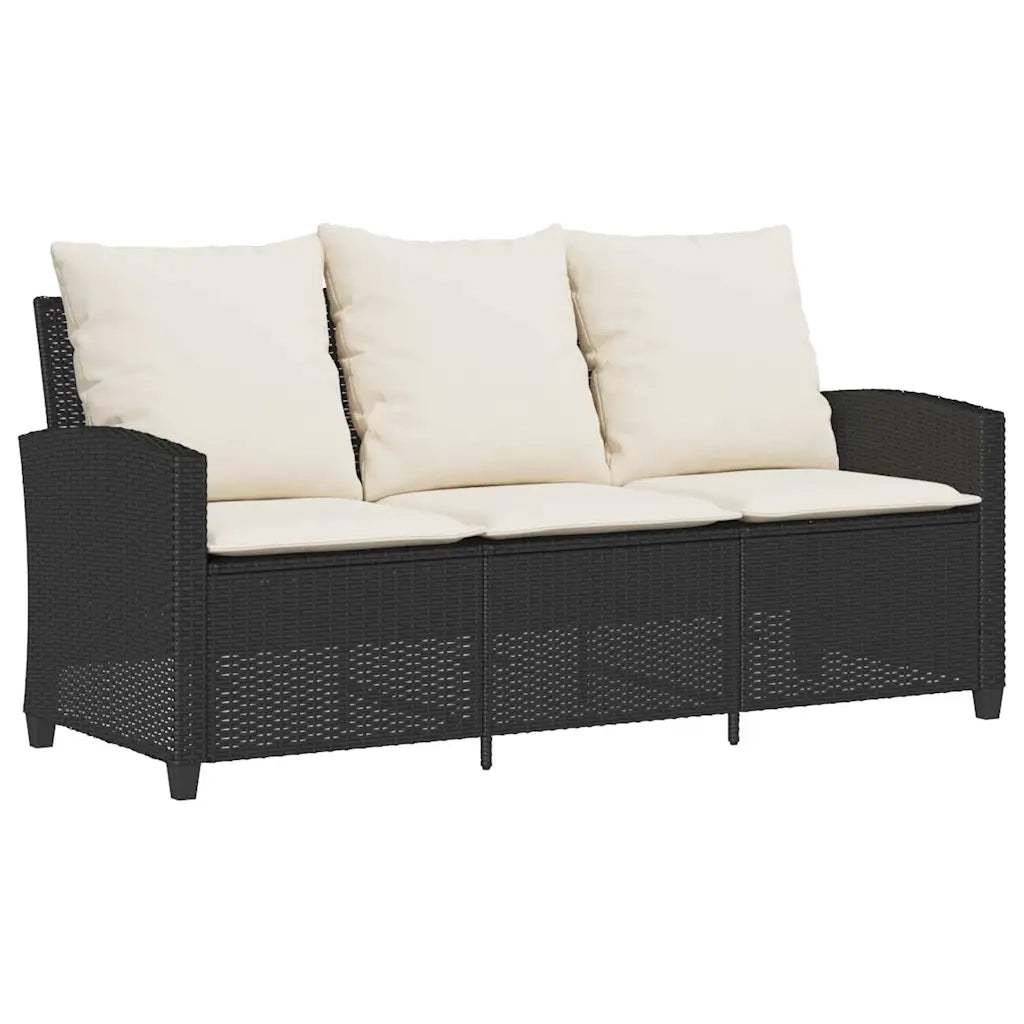 Divano da Giardino a 3 Posti Cuscini&Tavolo-Sofa da Giardino-Divano da esterno Nero in Polyrattan