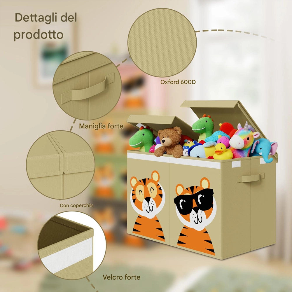 Box Contenitore Giocattoli con Animali Doppio Pieghevole 80L Beige Salvaspazio