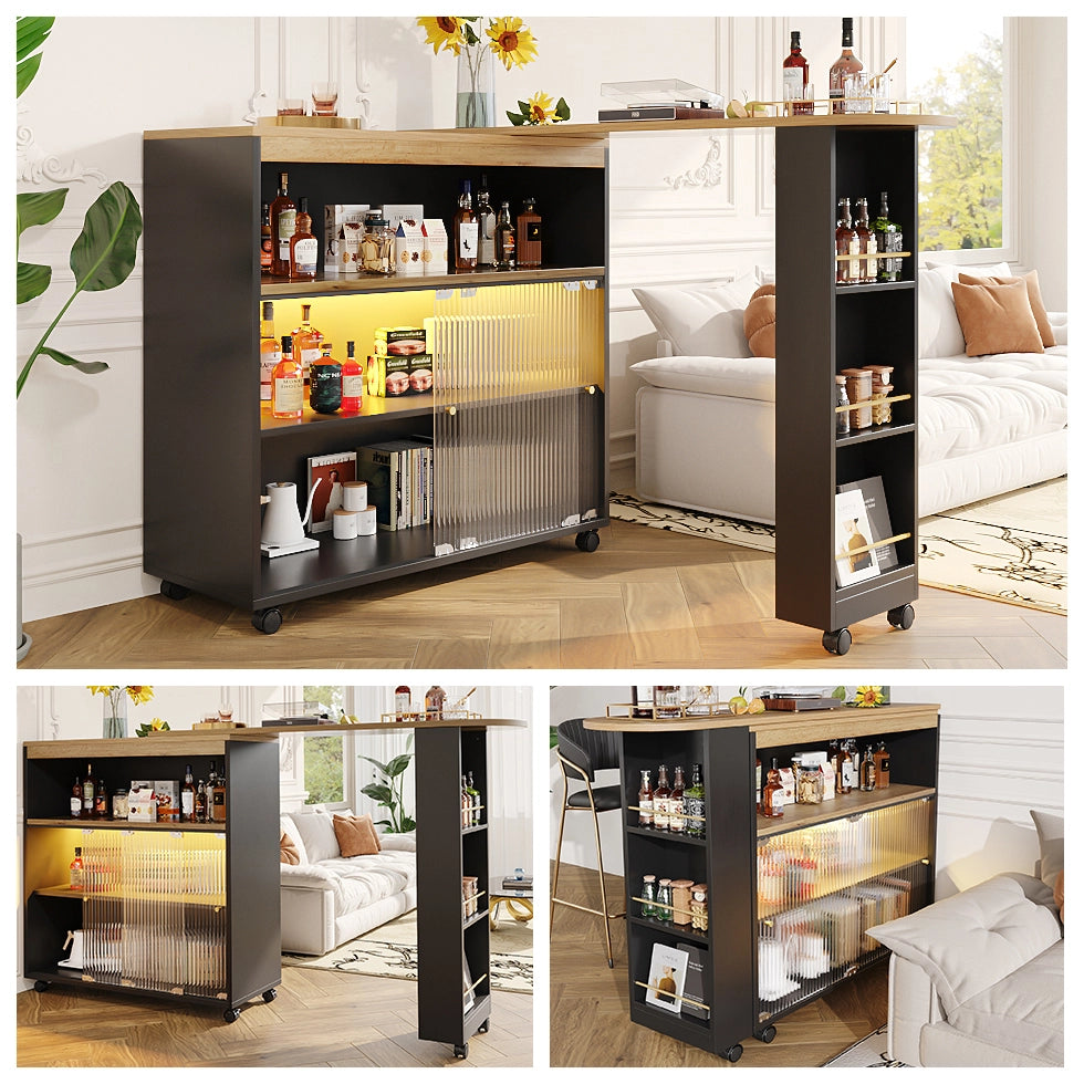 Tavolo Bar Estensibile con 3 Vani e 3 Livelli di Contenimento; LED; Ruote; in MDF; Nero; 138-204x39x105 cm