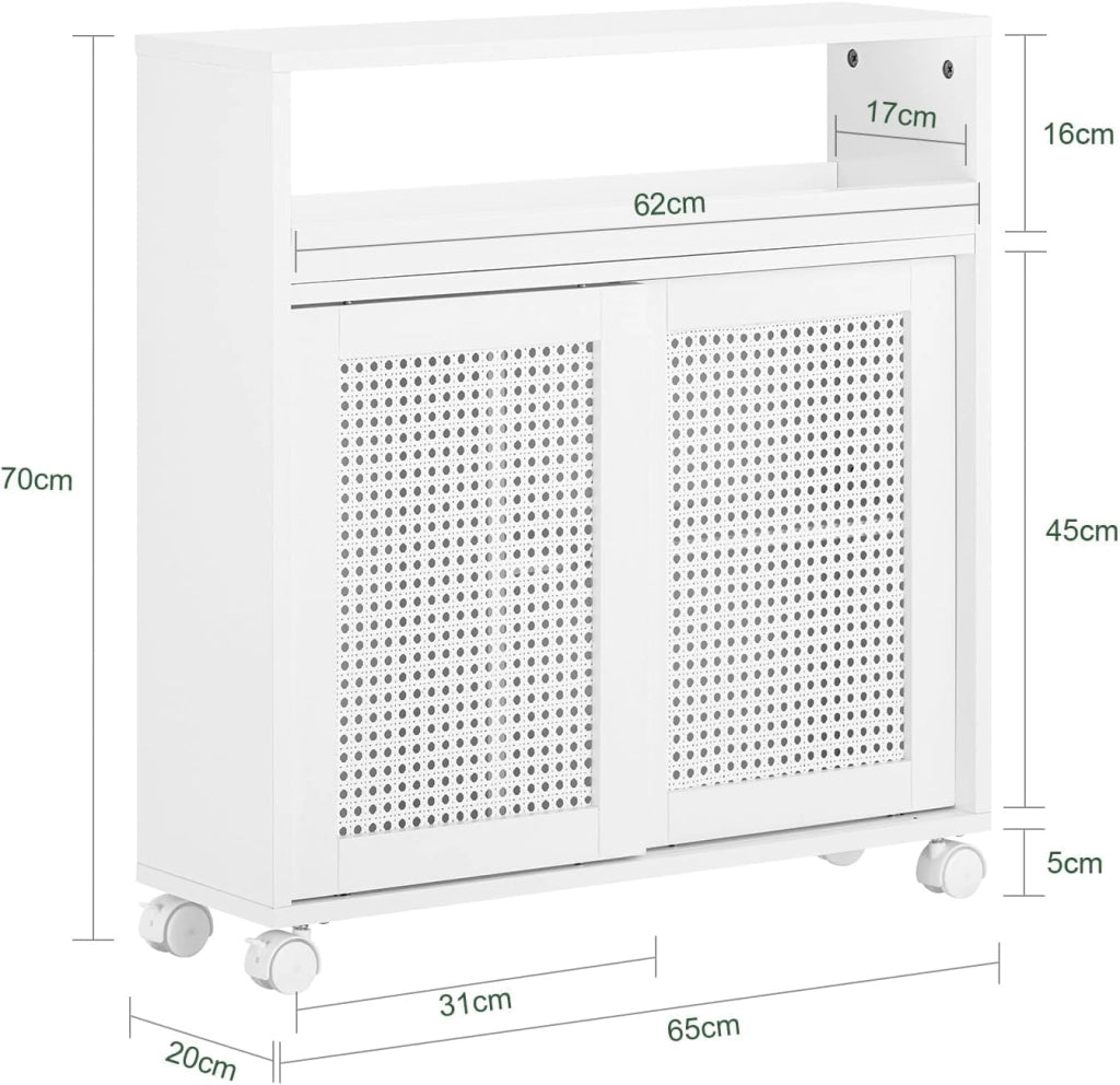 Armadio da Bagno Stretto con Ruote – Mobile Bagno salvaspazio – Contenitore per Carta Igienica in Legno, con Ripiani Regolabili, Bianco, 20x70x65cm, BZR119-W