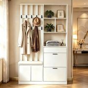 Mobile da ingresso con 2 scarpiere a ribalta, 1 cassetto, 2 ante, 10 ganci e panca imbottita, bianco, 120 × 30 × 200 cm