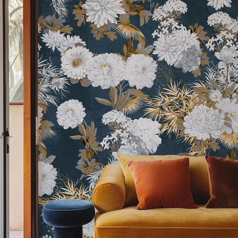 Carta da Parati Floreale Blu e Oro 180x260cm 4 mq