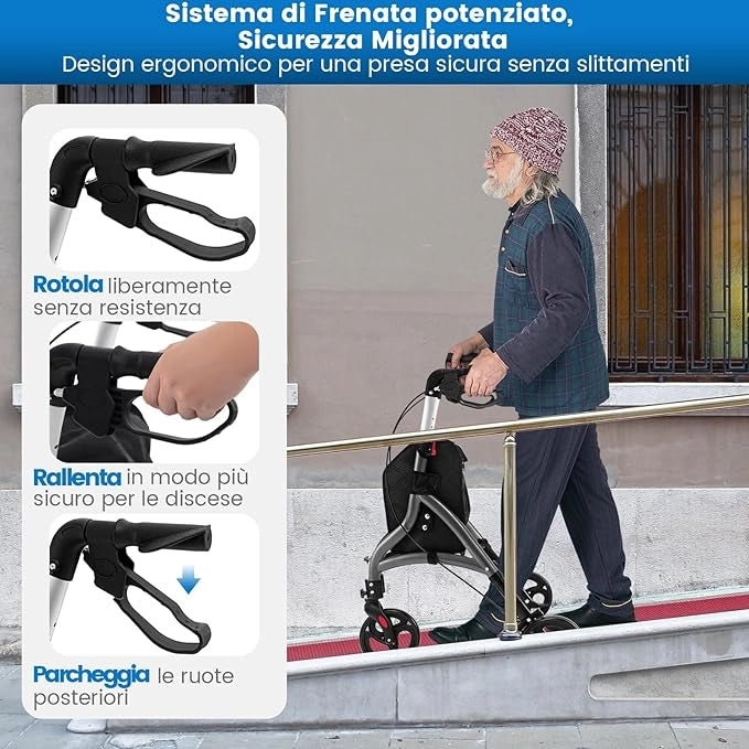 Deambulatore per Anziani in Alluminio Ultraleggero a 3 Ruote, Rollator per Anziani Pieghevole e Regolabile in 6 Livelli 86-96 cm con Borsa e Ruote Bloccabili, Portata 136 kg (Grigio)
