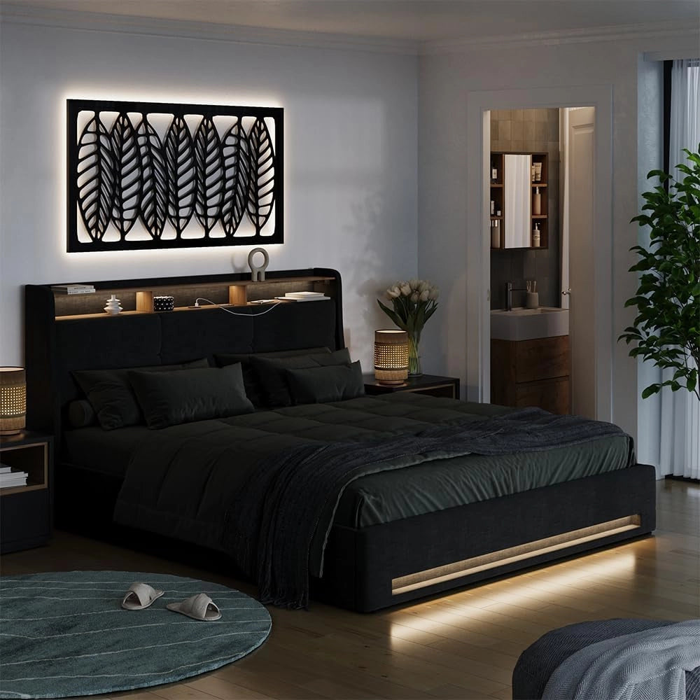 Letto imbottito Christin, Antracite/quercia, 180x200 con LED e porta USB