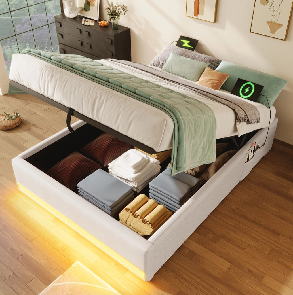 LETTO imbottito 90x200 cm in lino beige con LED, USB, Tipo-C e tasche laterali