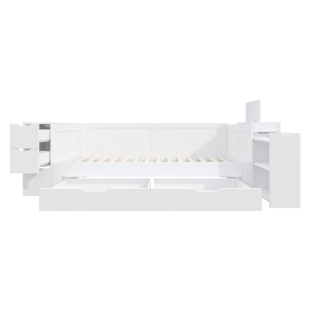 Letto per bambini multifunzione con cassetti e vano contenitore; MDF bianco