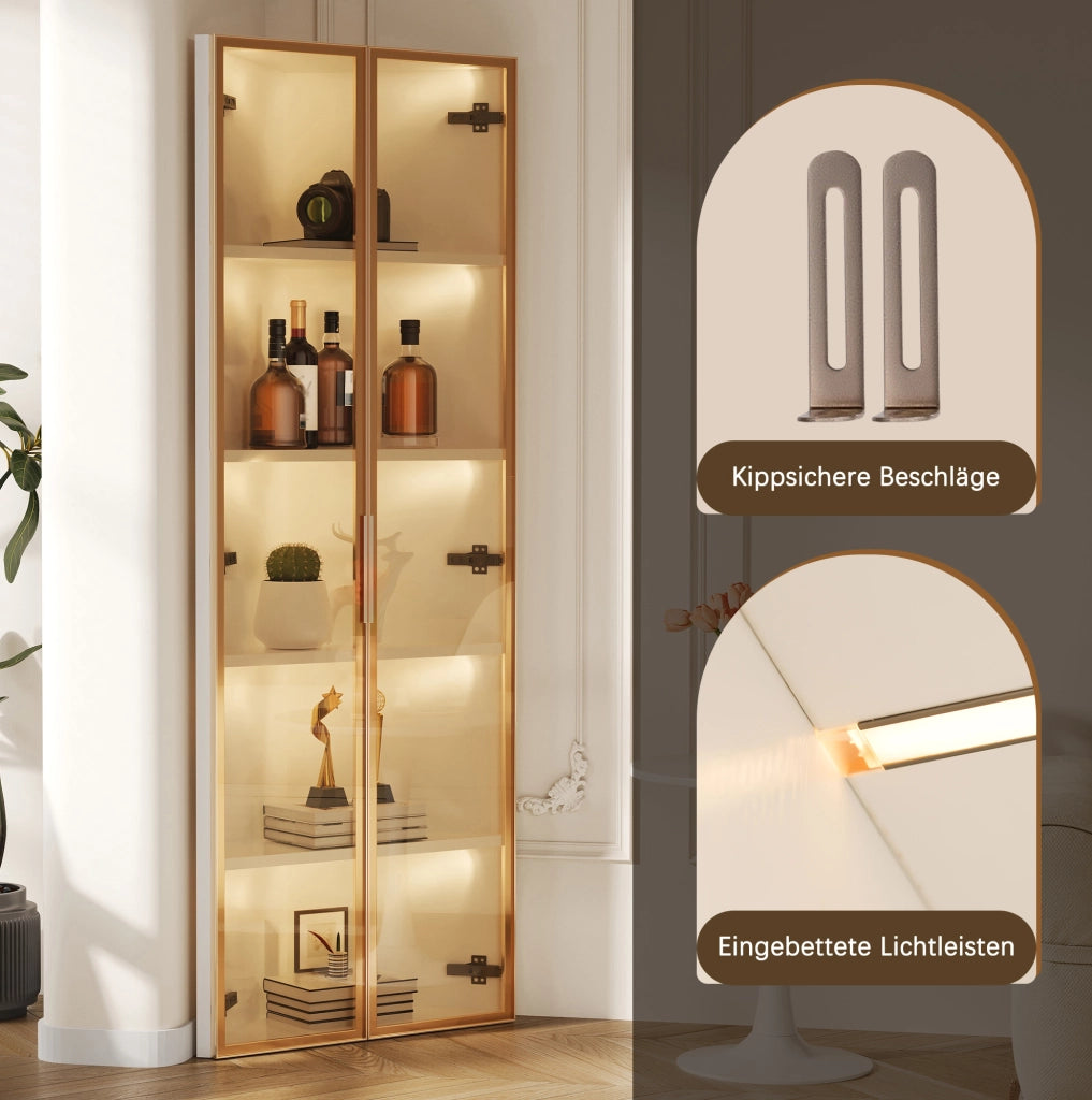 Vetrina angolare con LED 62 x 35 x 160 cm in MDF; vetro temperato e finitura bianca