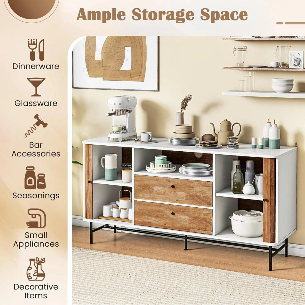 Credenza Basso con Gambe in Metallo, Credenza da Cucina Moderna con Ante Scorrevoli e 2 Cassetti, Buffet da Soggiorno con Protezione Antiribaltamento, 150 x 45 x 74 cm