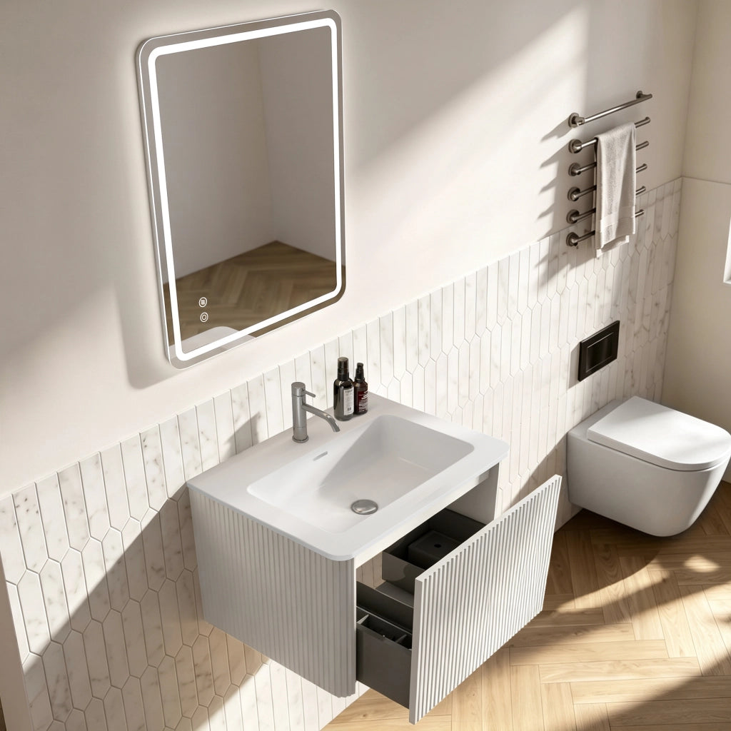 Mobile bagno con specchio con 1 cassetto; lavabo integrato e specchio LED antiappannamento per bagno; bianco