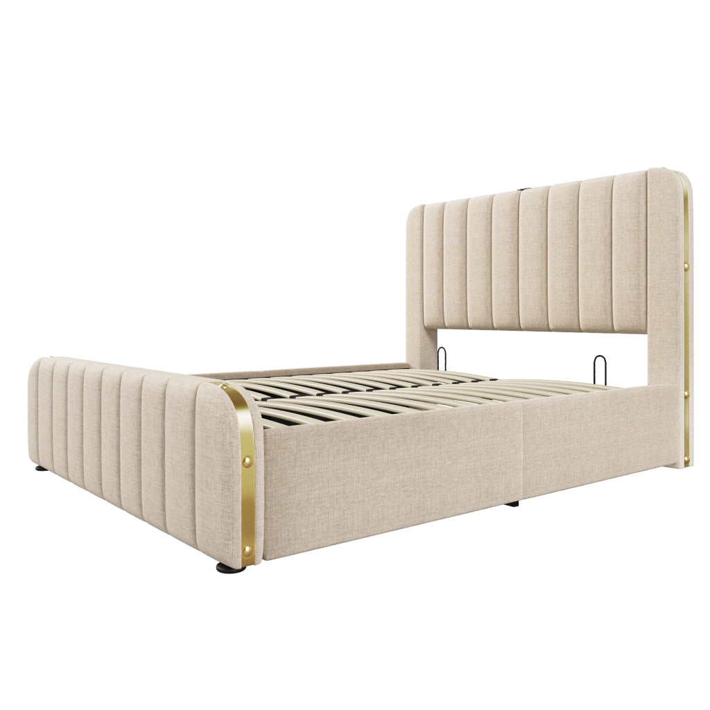 Letti contenitori 140x190 cm; testiera con ricarica USB Type-C; lino; beige (Senza materasso)