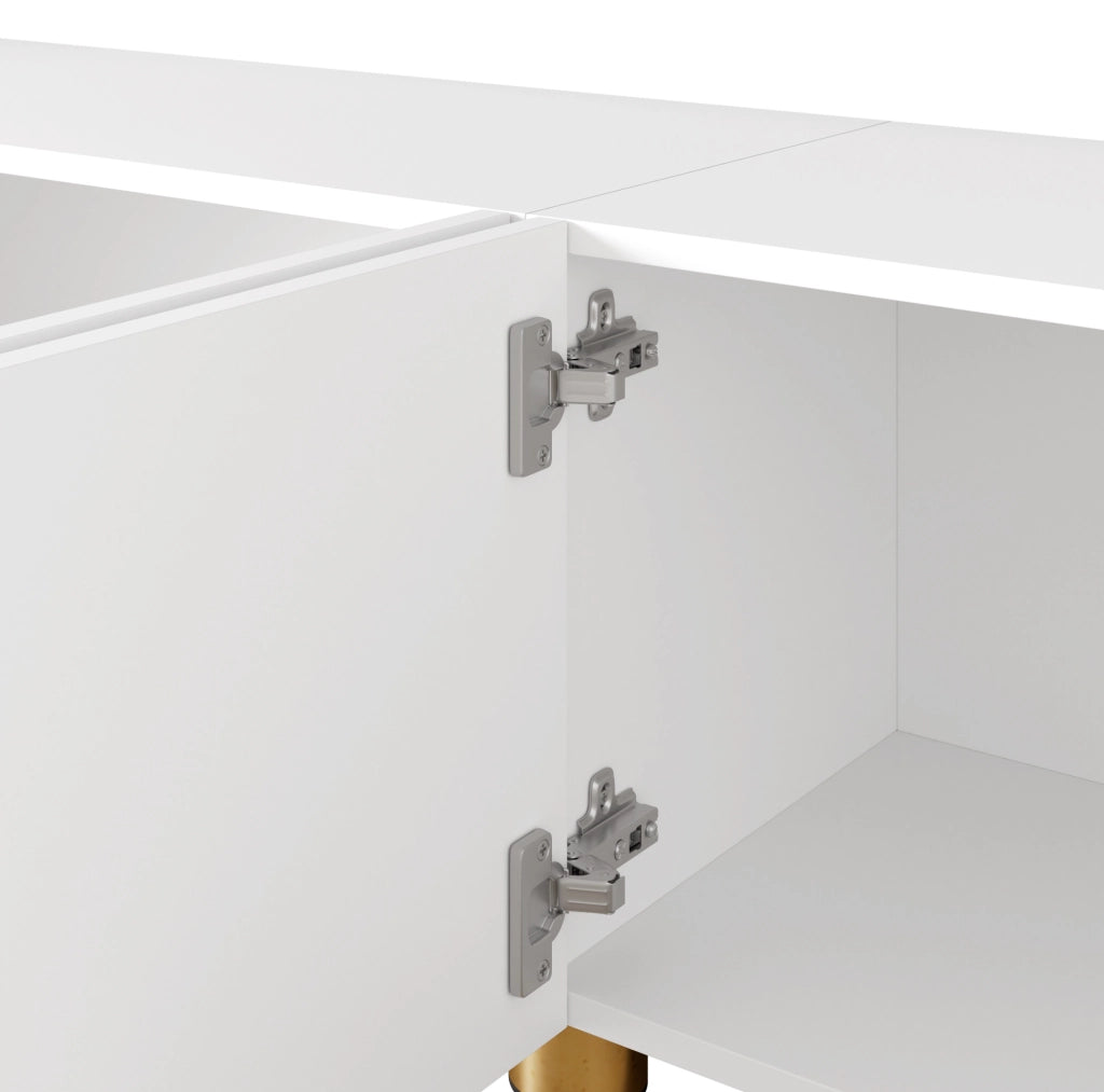 Mobile TV 180x35x40 cm con 4 ante e rilievo ad arco; MDF e pannello truciolare bianco