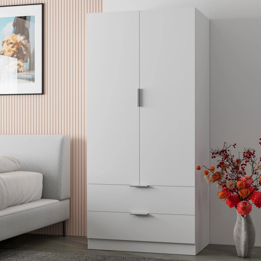 Armadio Multiuso Per Camera Da Letto Con Appendiabiti 2 Ante Maniglie In Metallo E 2 Cassetti Ideale Per Arredare La Tua Stanza 180 X 81 X 52 Cm Bianco