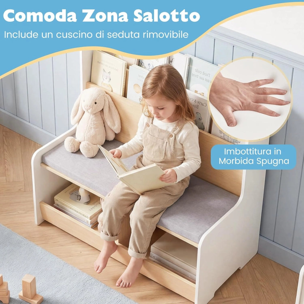 Libreria Montessoriana Salvaspazio per Bambini con Panchina Bianco | Porta Libri Bambini con Portariviste a 2 Ripiani, 2 Scomparti Aperti e Cuscino Seduta Rimovibile per Cameretta
