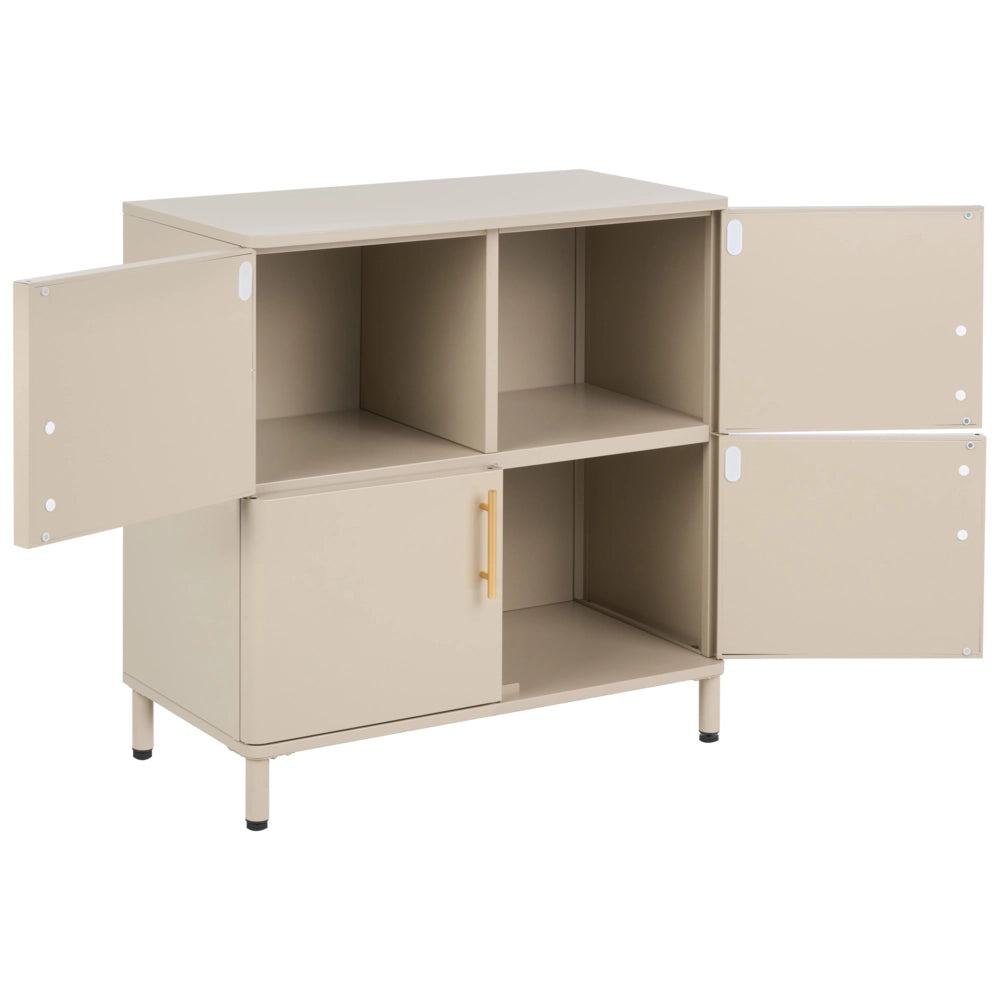 Credenza in acciaio beige a 4 ante con angoli arrotondati e maniglie dorate