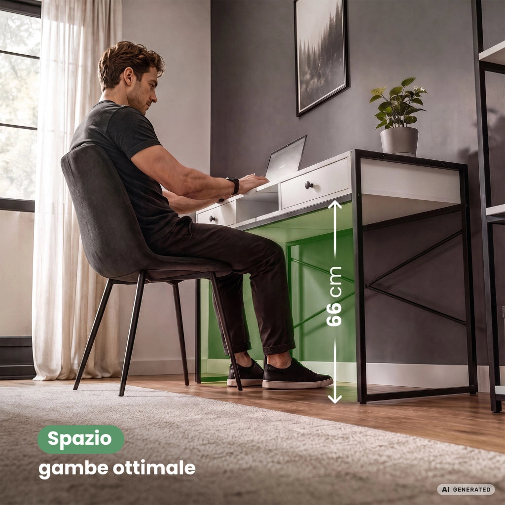 Scrivania industriale per computer Bianca ELONIS 123 cm 2 cassetti 1 ripiano gambe nere