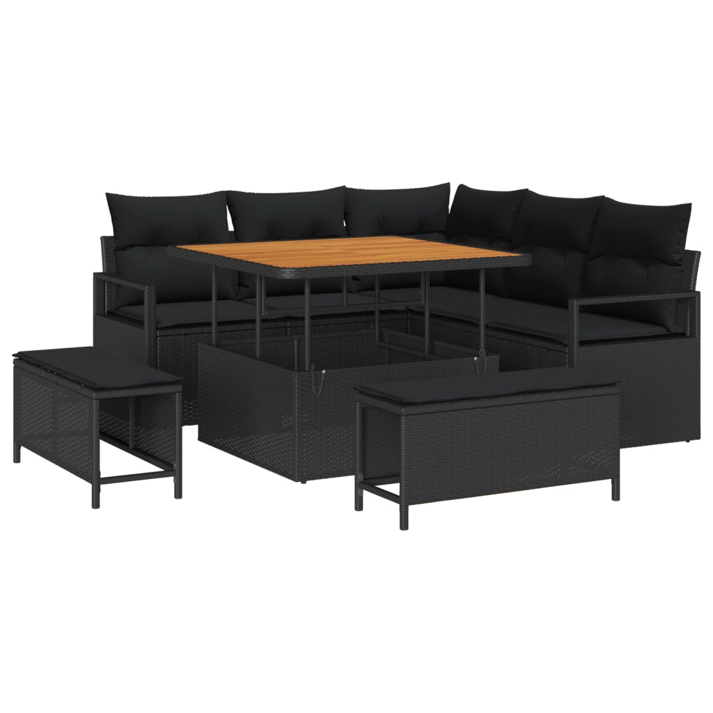 Set di Divani da Giardino 8 Pezzi con Cuscini Nero Polyrattan Acacia