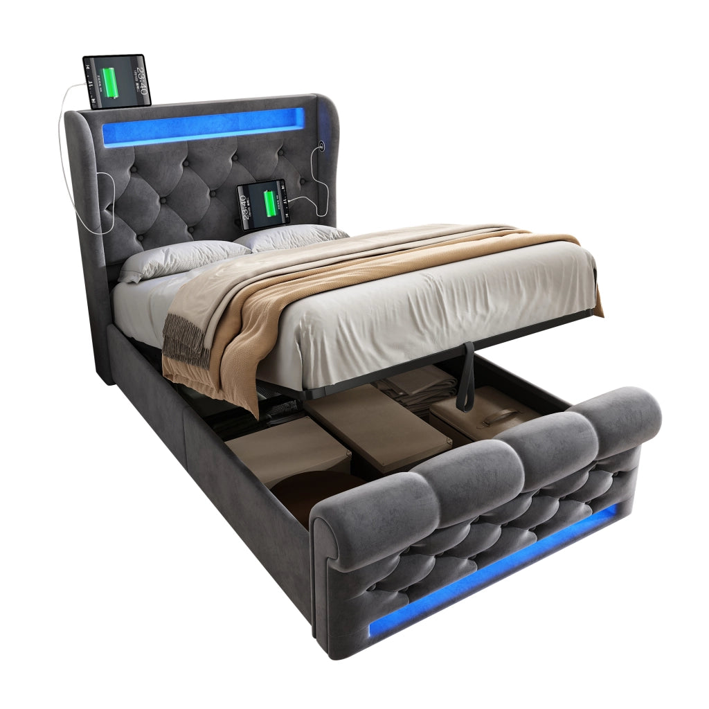 Letto singolo moderno – 90x200 cm – LED USBC contenitore – velluto grigio