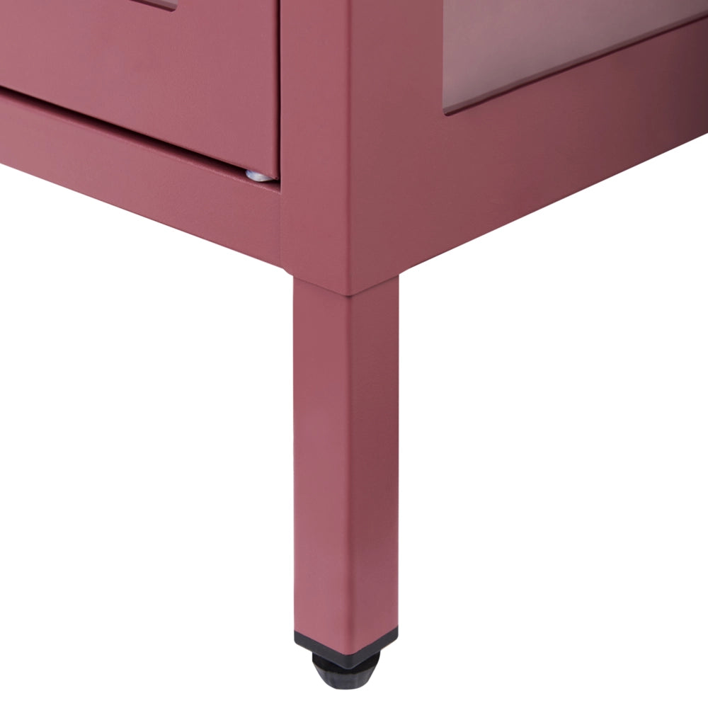 Credenza in acciaio con vetro temperato a 3 ante e ripiani regolabili rosso scuro arredi per il soggiorno dal design moderno.