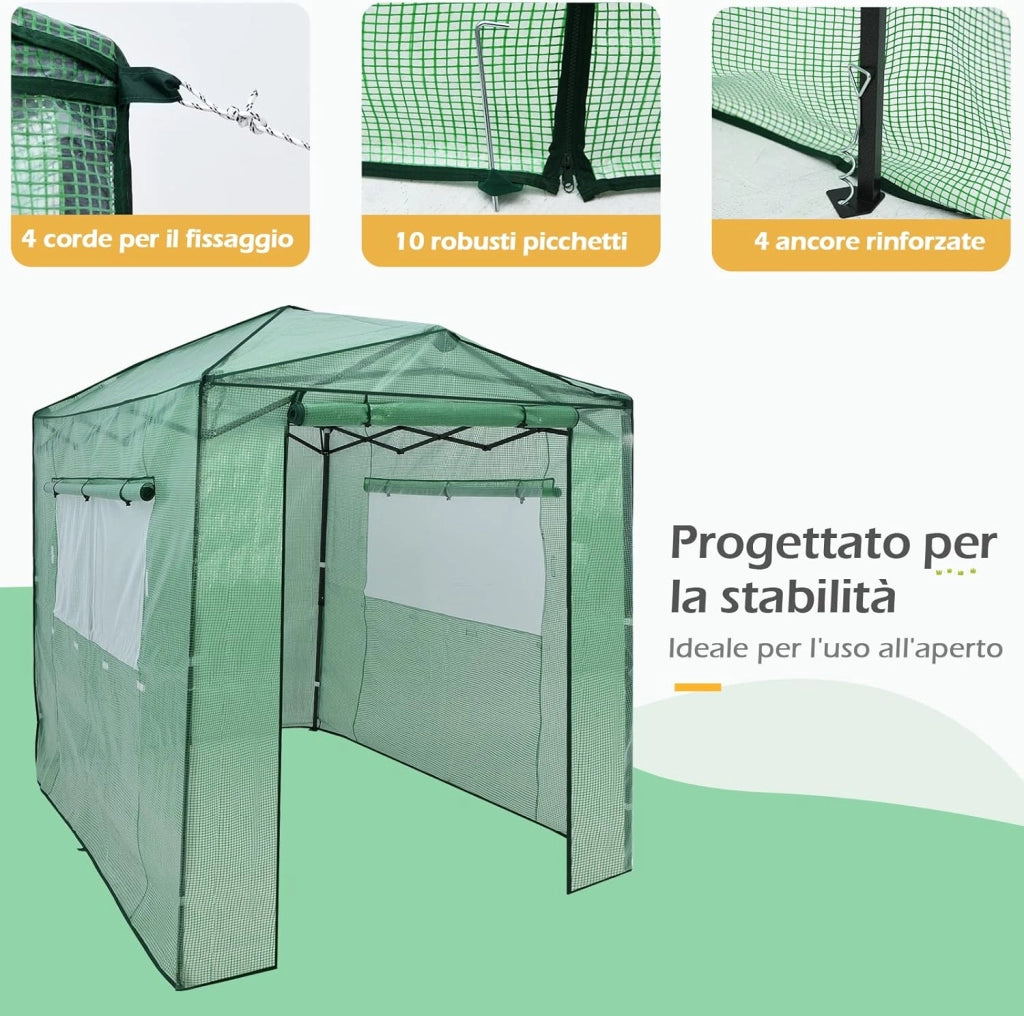 Serra per da Giardino 180 x 250 x 230 cm, Serra per Orto e Piante con Telaio Robusto, 2 Finestre Grandi e 2 Porte Arrotolabili con Doppia Cerniera, Serra da Eterno Pieghevole