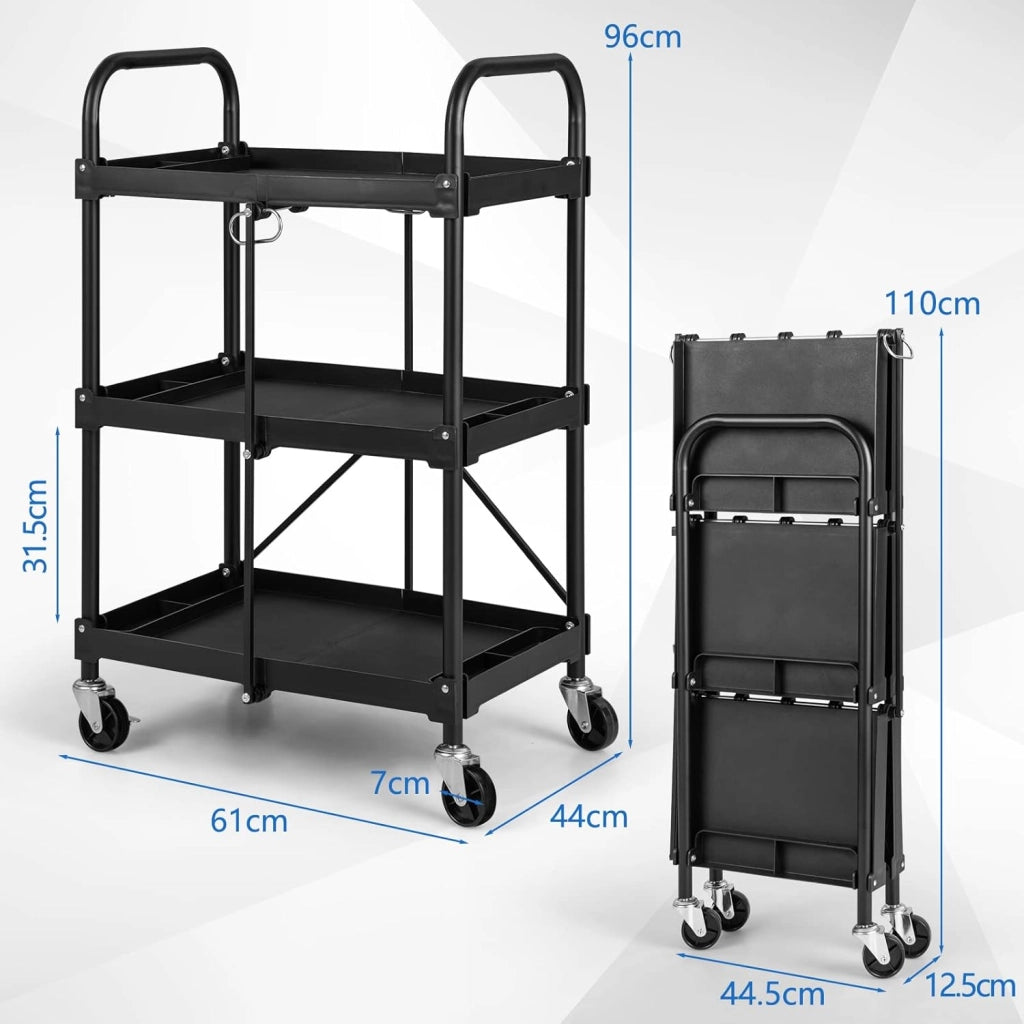 Carrello Pighevole a 3 Livelli, Carrello Multiuso con 4 Ruote, Organizzatore di Stoccaggio per Ufficio Cucina Studio, 61x44x96 cm, Nero