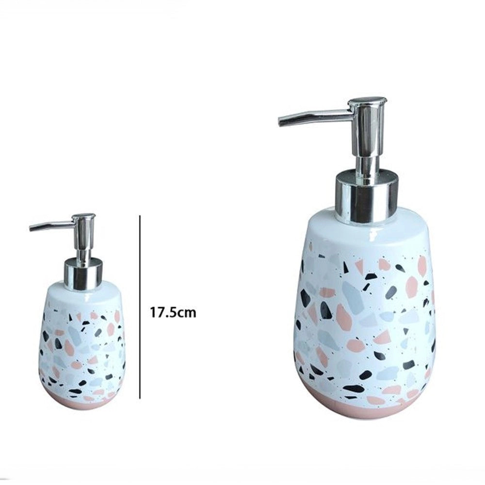 Trade Shop - Dispenser Porta Sapone Bagno Graniglia Bianco Multicolore Con Base Rosa 59875 -