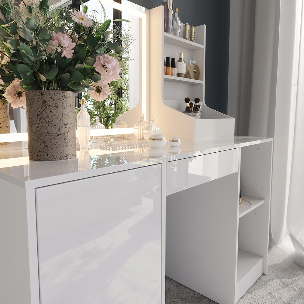Vicco Tavolo da toeletta Bianco/bianco lucido 128.2 cm con specchio LED