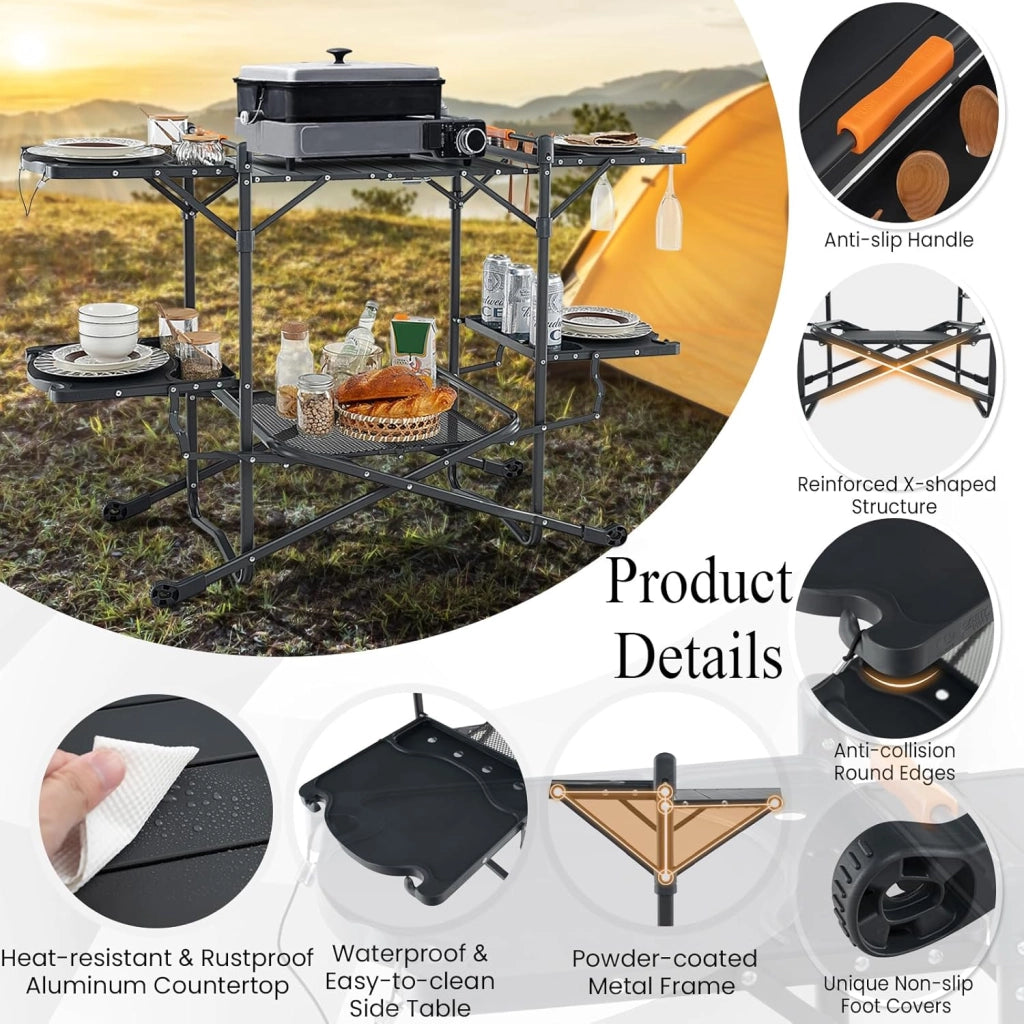 Tavolo da Giardino Pieghevole, Tavolo da Pranzo Portatile con 4 Tavoli Laterali, Mensola Portaoggetti, Borsa, Piano in Alluminio, Tavolo da Esterno Rettangolare da Picnic, BBQ, Patio, Nero